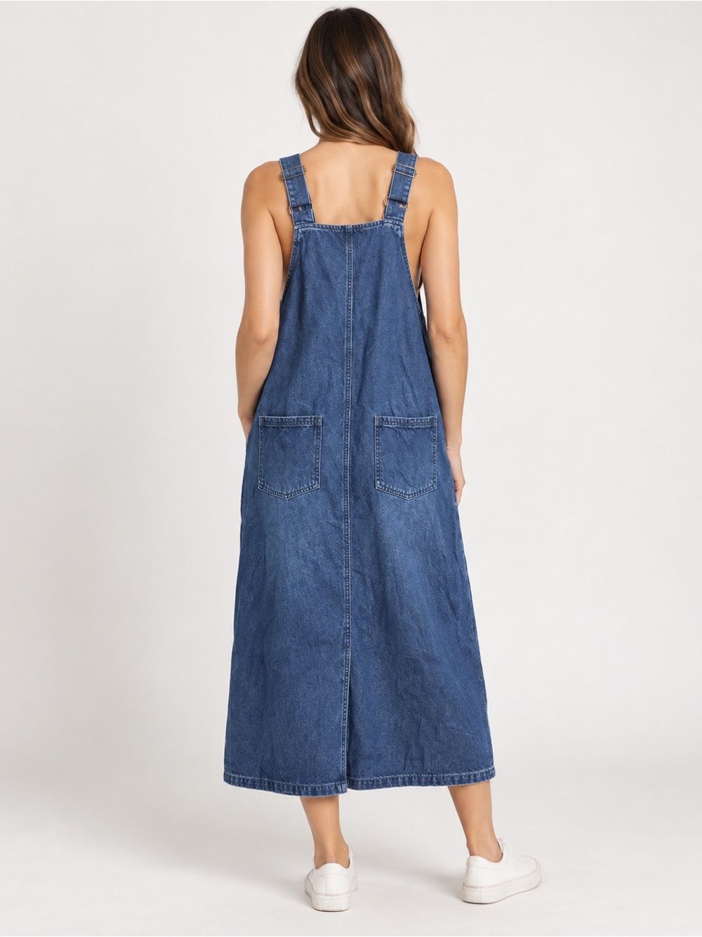 Blue Denim Button-Front Cotton Overalls Jumper Dress With Pockets New Size L - Picture 2 of 5